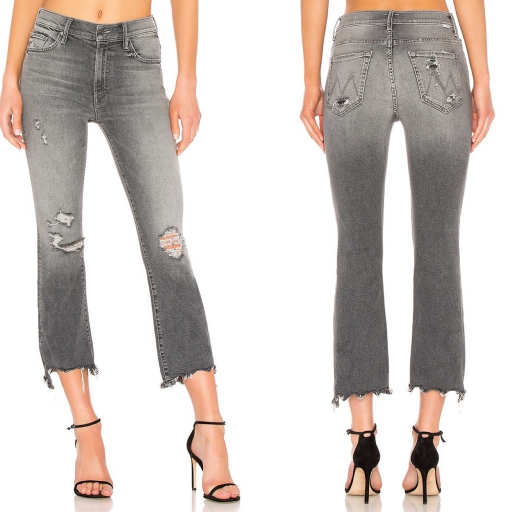 Mother Cropped Raw Hem Jeans Distressed Grey 26